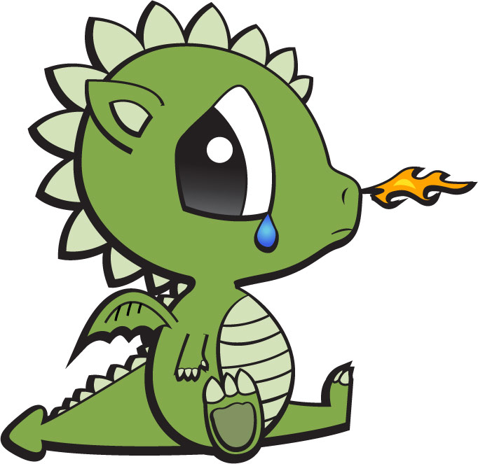 Cute green cartoon dragon with spiky mane, shedding a tear while breathing small flame from nose.