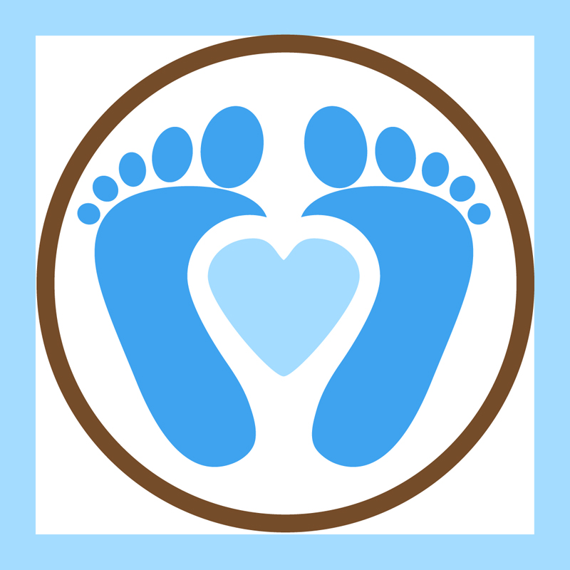 Blue baby footprints forming a heart inside a brown circle, symbolizing love and care for infants.