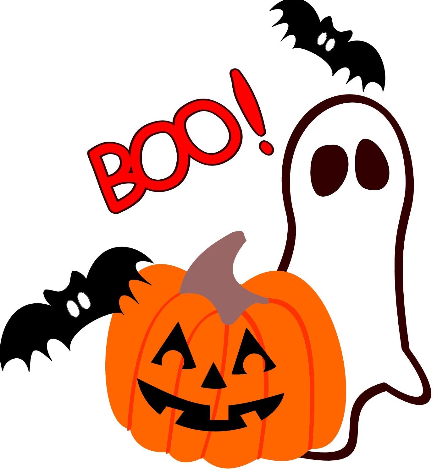 Halloween illustration with jack-o'-lantern, ghost, bats, and "BOO!" text.