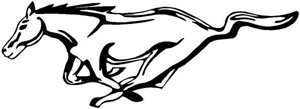 Black-and-white line art of a galloping horse in dynamic motion, iconic Mustang logo style.