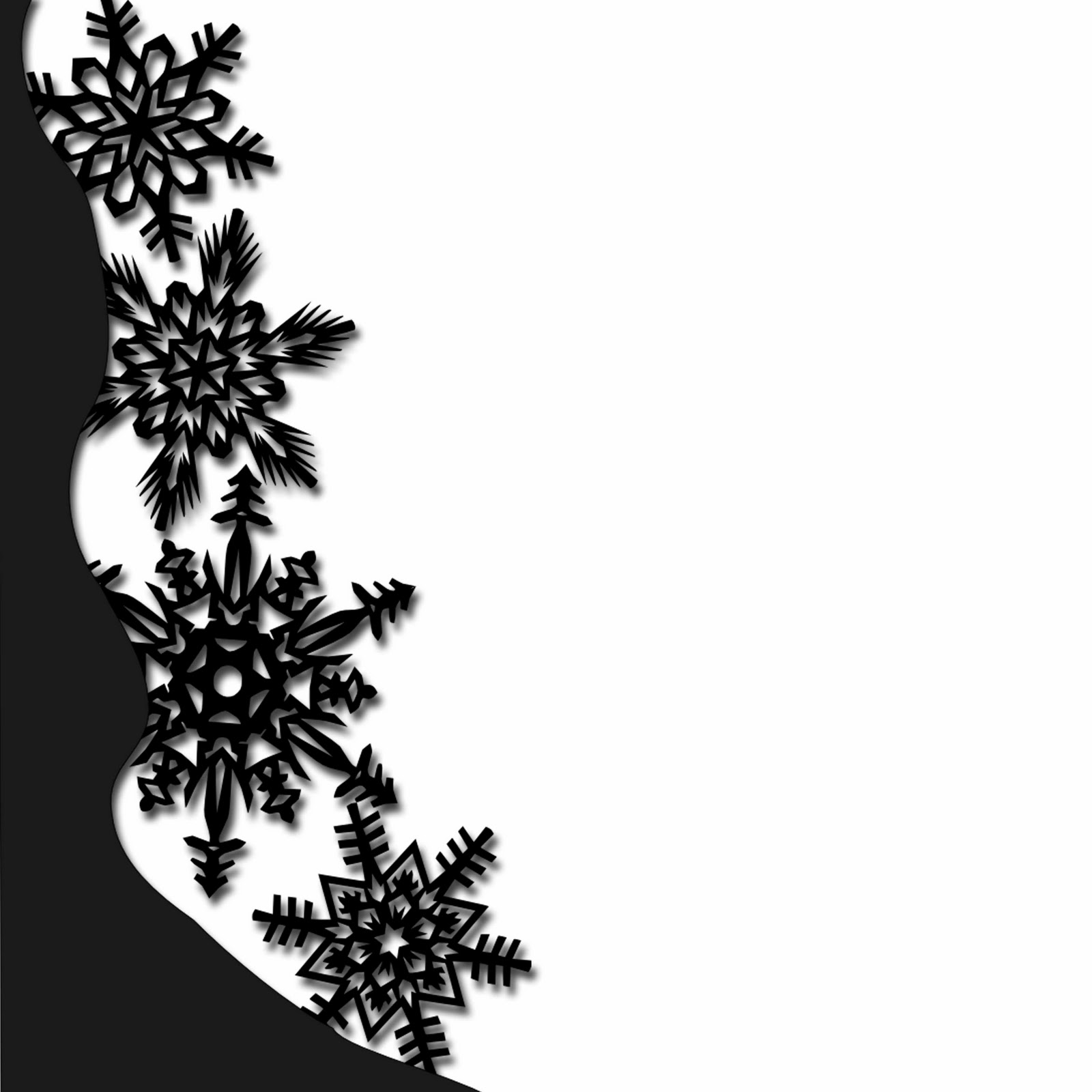 Black snowflake border design on white background with curved dark edge, stylized winter motif.