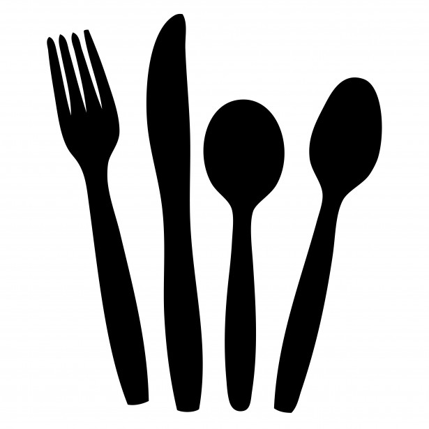 Black silhouette of a fork, knife, and two spoons on white background.