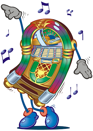 Animated anthropomorphic jukebox with arms, legs, and musical notes dancing joyfully.