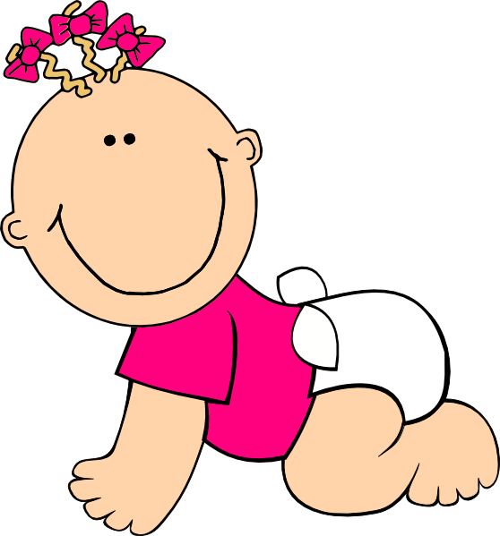 Smiling baby girl crawling in pink shirt and diaper, with pink bows in curly hair.
