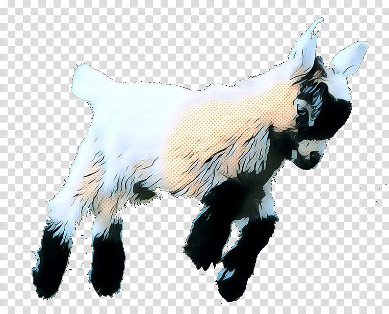 Stylized cartoon illustration of a black-and-white baby goat standing mid-stride with expressive eyes and halftone shading.
