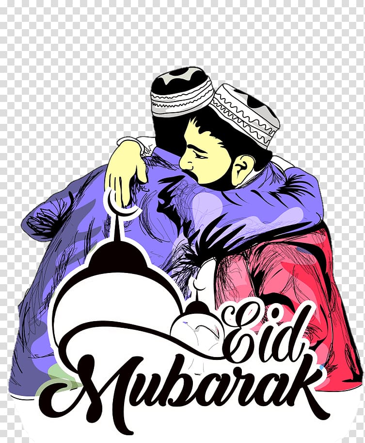Two men in traditional caps embracing warmly with "Eid Mubarak" text and mosque dome graphic.