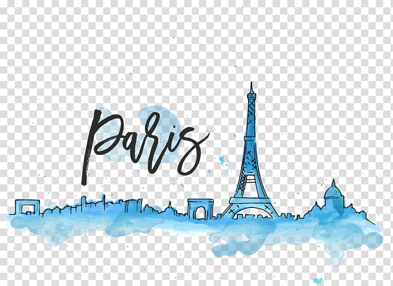 Watercolor illustration of Paris skyline featuring Eiffel Tower, Arc de Triomphe, and handwritten "Paris" text on transparent background.