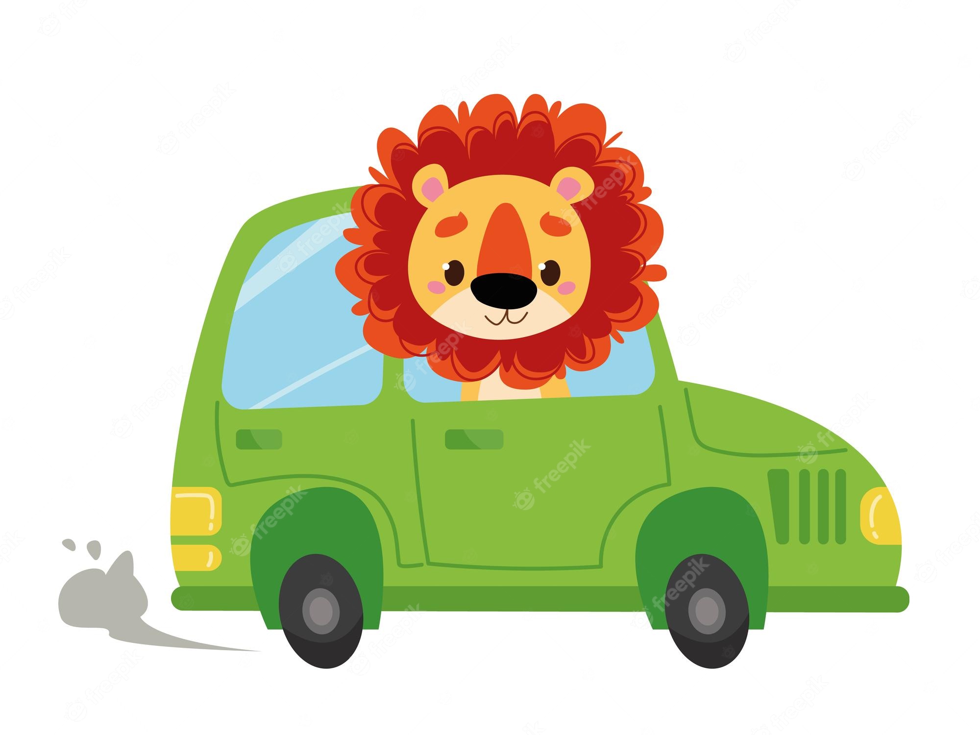 Cute cartoon lion driving a green car with exhaust smoke, smiling happily.