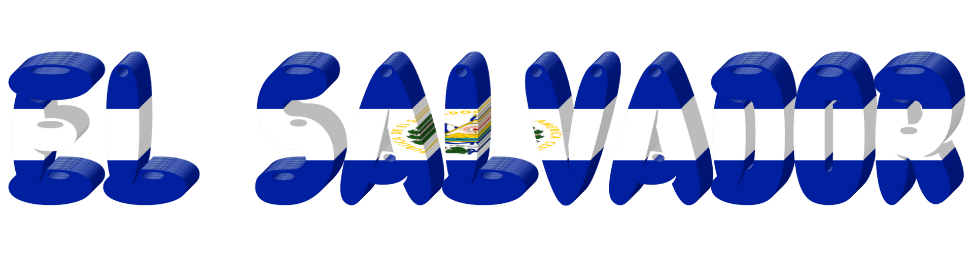 3D text "EL SALVADOR" styled with the national flag’s blue-white-blue stripes and central coat of arms.
