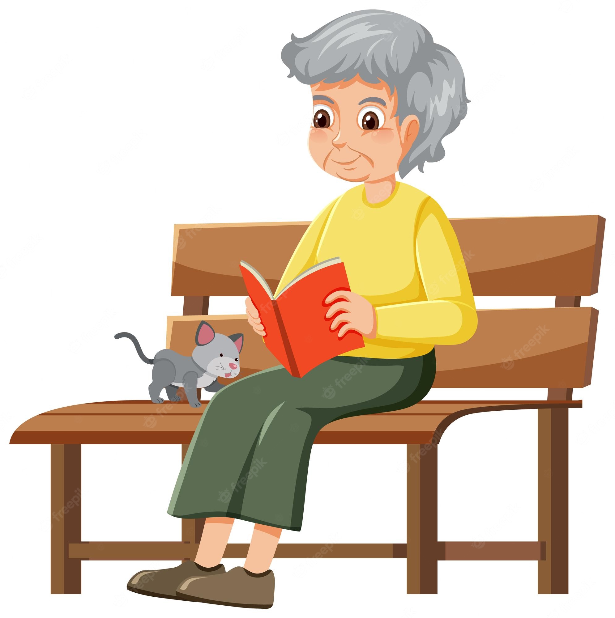 Elderly woman with gray hair sits on a wooden bench reading a red book, accompanied by a small gray cat.