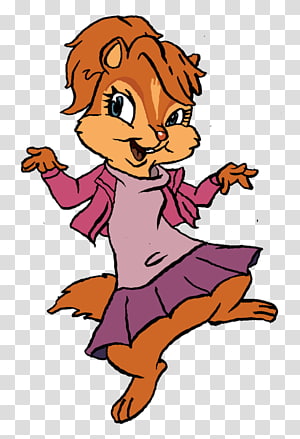 Animated female chipmunk character with orange fur, wearing pink jacket and purple skirt, mid-jump with joyful expression.