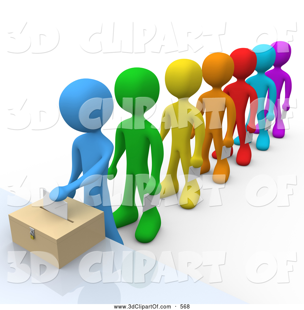 Colorful 3D figures in line casting votes into a ballot box, symbolizing democratic participation and diversity.