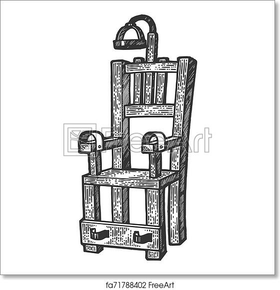 Vintage wooden electric chair illustration with headpiece, arm restraints, and foot straps, rendered in detailed ink sketch style.