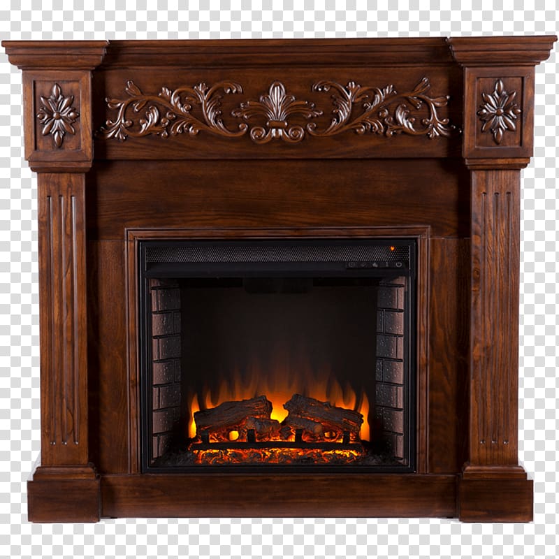 Ornate dark wood electric fireplace with carved floral mantel and realistic flame effect.