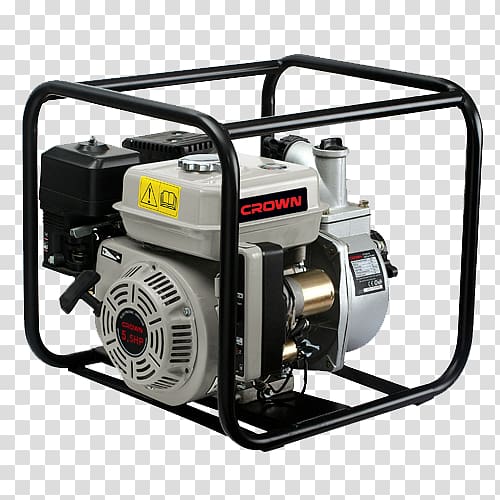 Crown portable gasoline-powered water pump with protective metal frame and air-cooled engine.