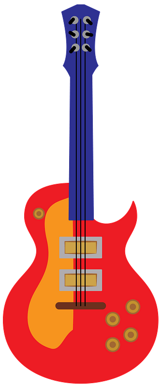 Stylized red and orange electric guitar with blue neck and six strings, flat vector illustration.