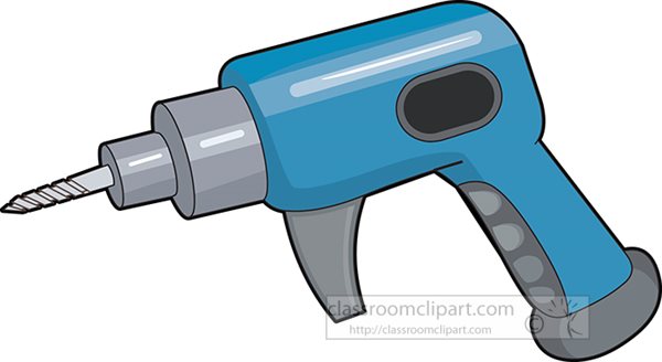 Blue cordless power drill with screwdriver bit attached, cartoon-style illustration.
