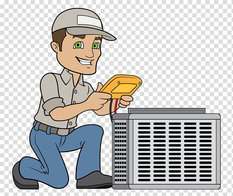 Technician kneeling beside HVAC unit, using multimeter for diagnostics.