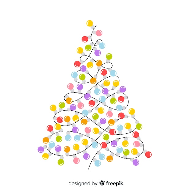 Colorful abstract Christmas tree made of intertwined string lights in pastel and bright hues on white background.