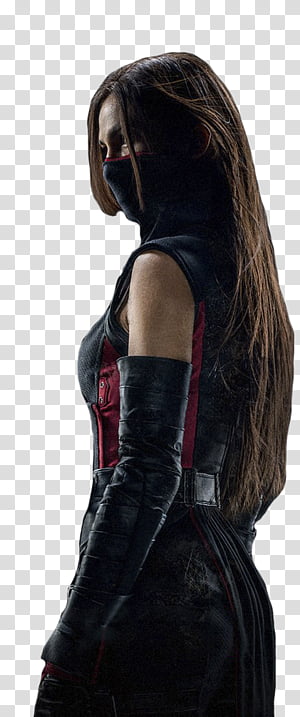 A masked female warrior in a black and red tactical suit with long brown hair, shown in profile against transparent background.