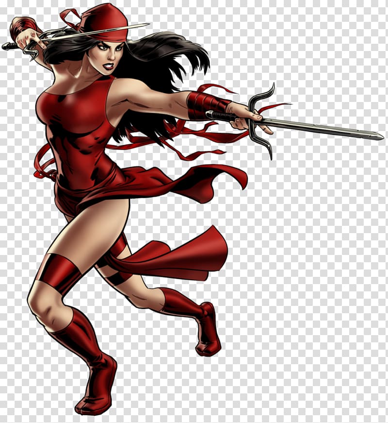 Elektra Natchios in red costume wielding dual sai and katana, mid-action pose with flowing ribbons.