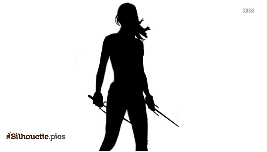 Silhouette of a female warrior holding two swords, hair flowing, dynamic pose against white background.