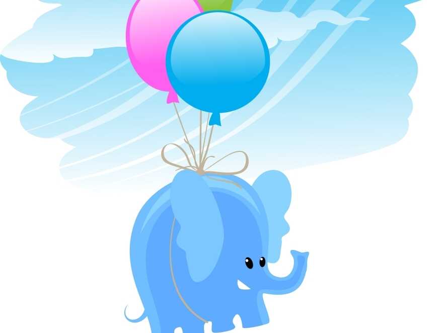 Blue cartoon elephant floating with colorful balloons against a sky background.