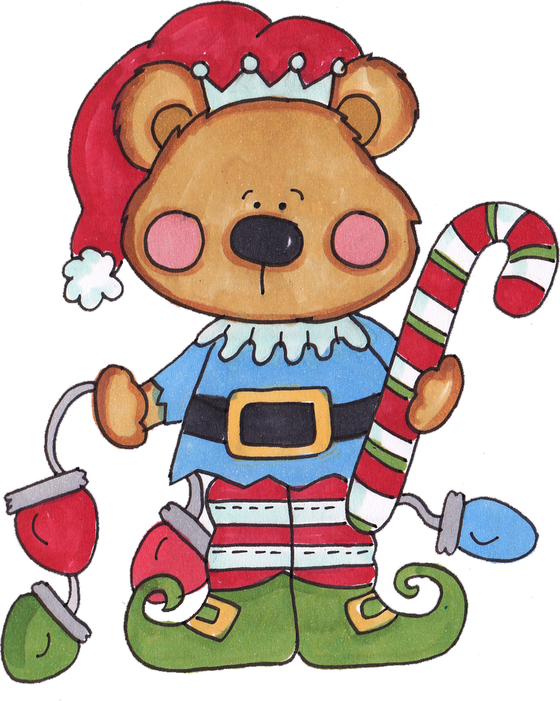 Festive teddy bear dressed as an elf with candy cane, lights, and Santa hat.