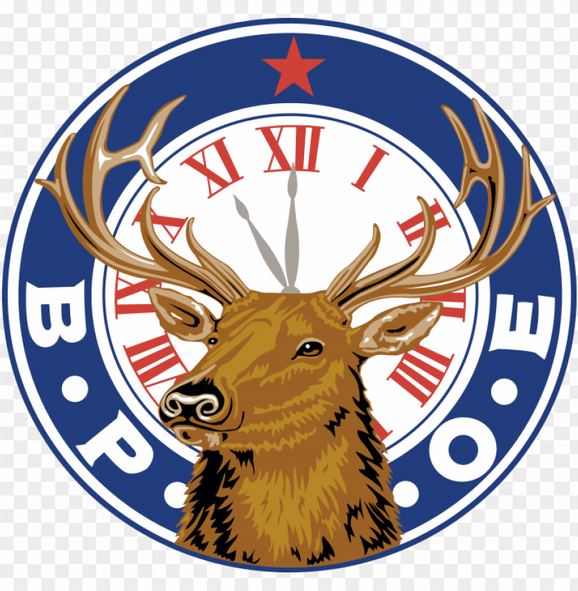 Circular logo featuring a deer head with antlers, Roman numeral clock face, red star, and "B.P.O.E." text on blue ring.