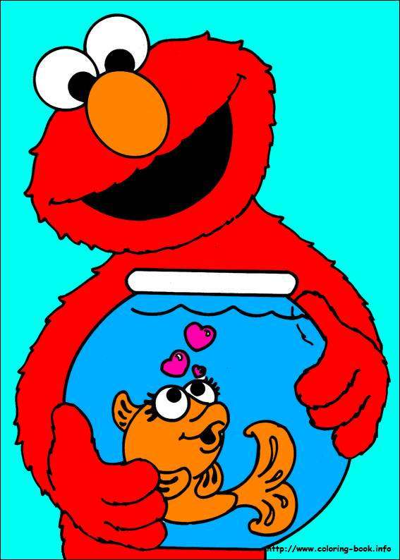 Elmo holds a fishbowl with a smiling goldfish and pink hearts, against a bright blue background.