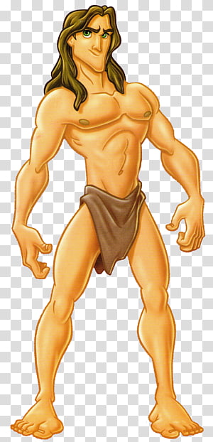 Tarzan, Disney animated character with long brown hair, muscular build, wearing a brown loincloth, standing confidently.
