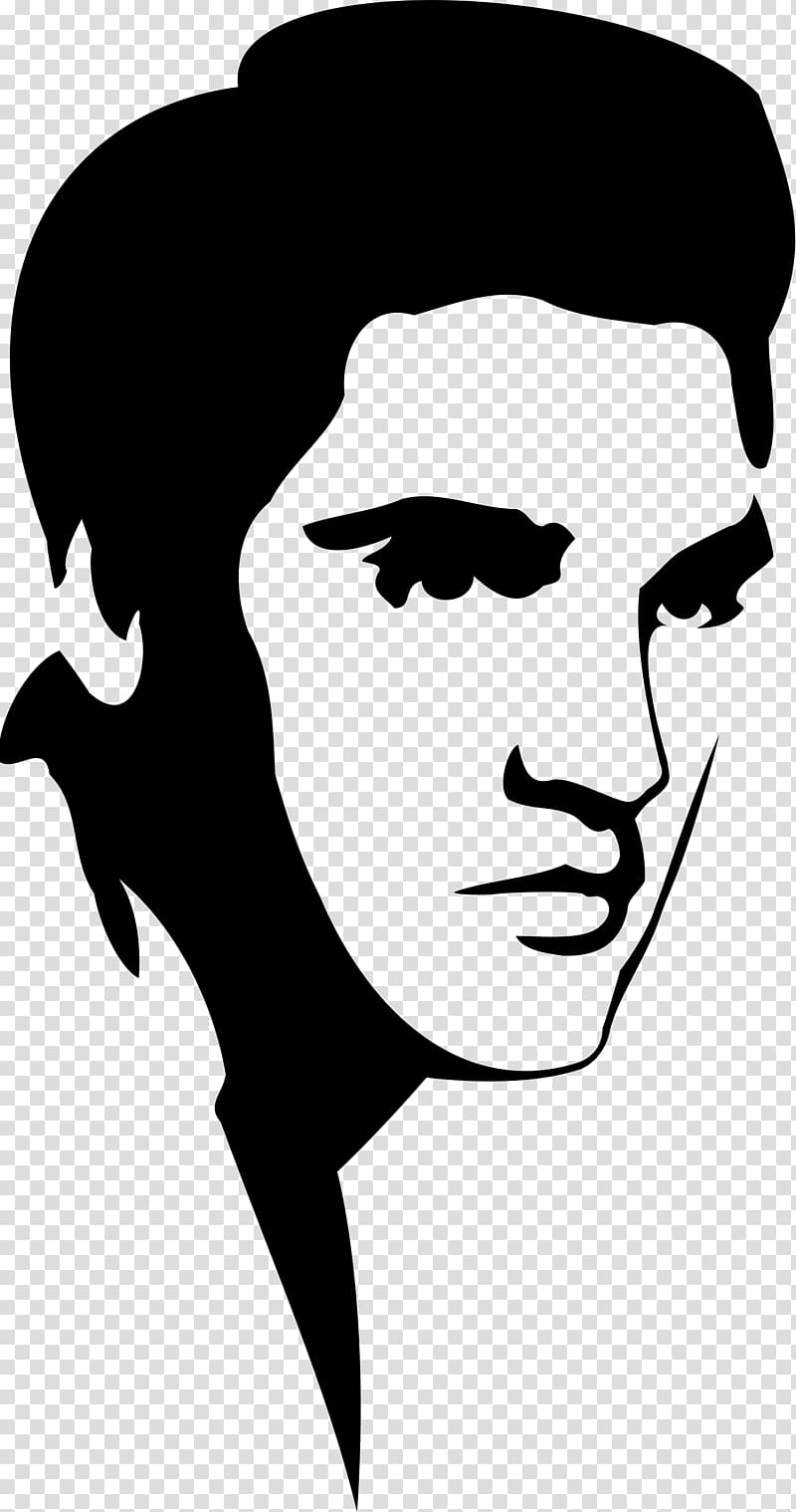 Black-and-white stylized silhouette portrait of Elvis Presley in profile, iconic pompadour hairstyle and sideburns.