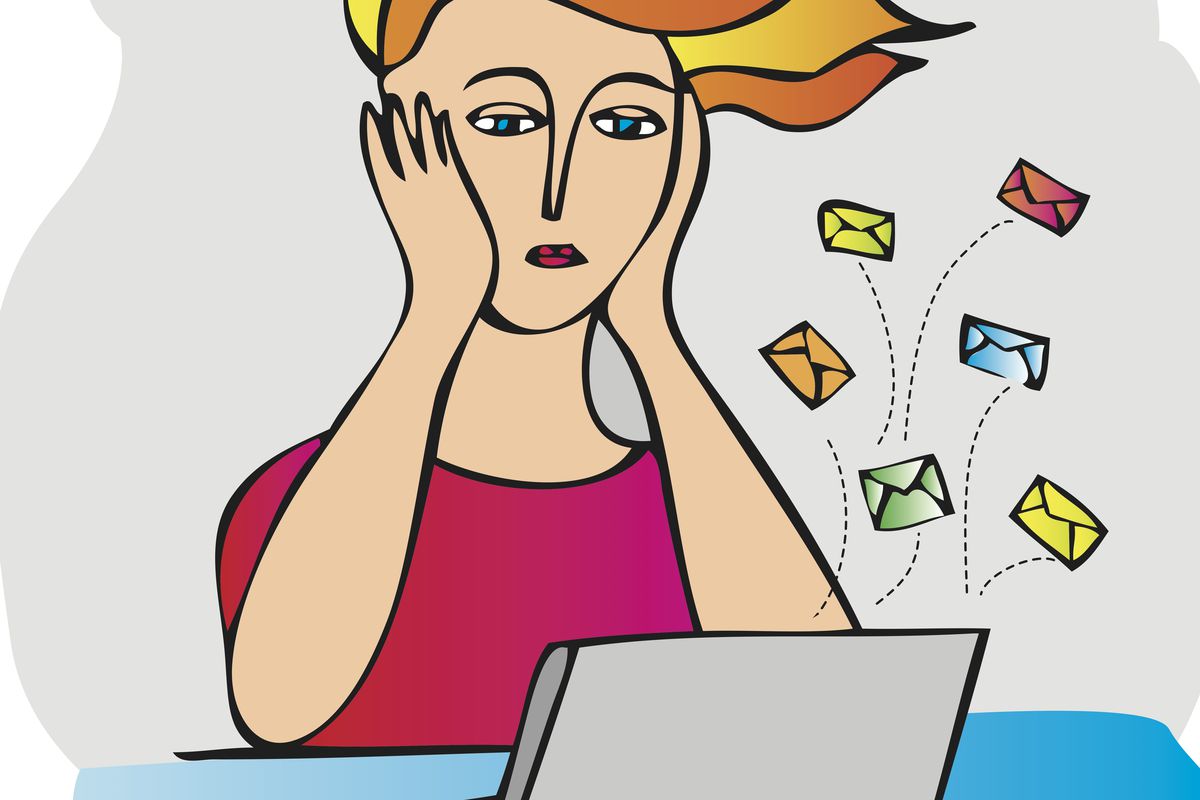 Stressed woman at laptop with colorful email icons flying around her head, illustrating digital overload or inbox anxiety.
