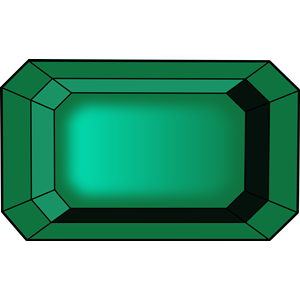 A vibrant emerald-cut green gemstone with faceted edges and a glossy finish.