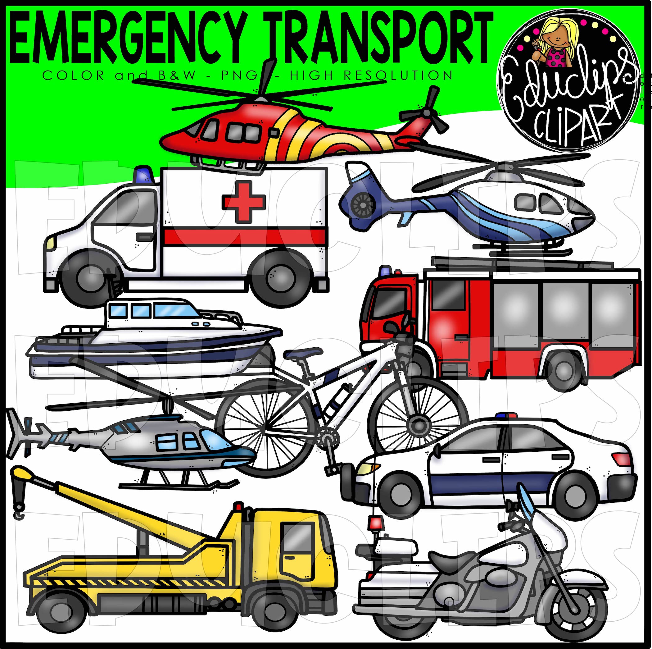 Collection of emergency transport clipart including ambulances, fire trucks, police cars, helicopters, boats, bikes, tow trucks, and motorcycles.