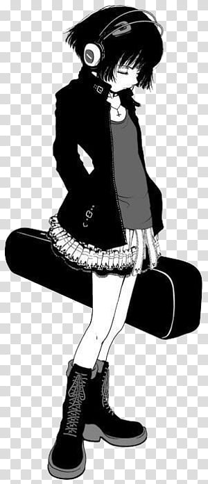Anime girl with headphones holding a guitar case, wearing a black jacket and boots.