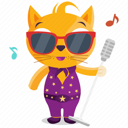 Cool orange cat singer wearing red sunglasses, purple star-patterned outfit, holding a microphone with musical notes around.