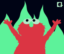 A red, furry character with wide eyes and raised arms stands before jagged green spikes against a dark background.