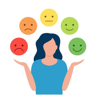 Person with outstretched hands surrounded by five colorful emoji faces showing varied emotions: happy, sad, angry, neutral, and smiling.