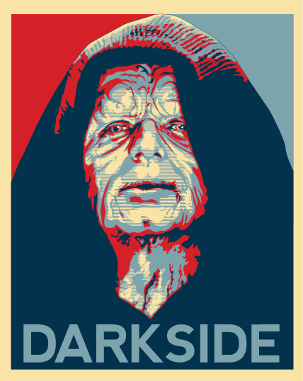 Stylized propaganda-style portrait of Emperor Palpatine with "DARKSIDE" text below, using red, blue, and cream color scheme.