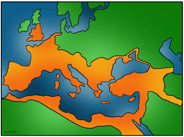 Simplified map showing the Roman Empire at its peak, with orange landmasses and blue water bodies across Europe, North Africa, and the Near East.