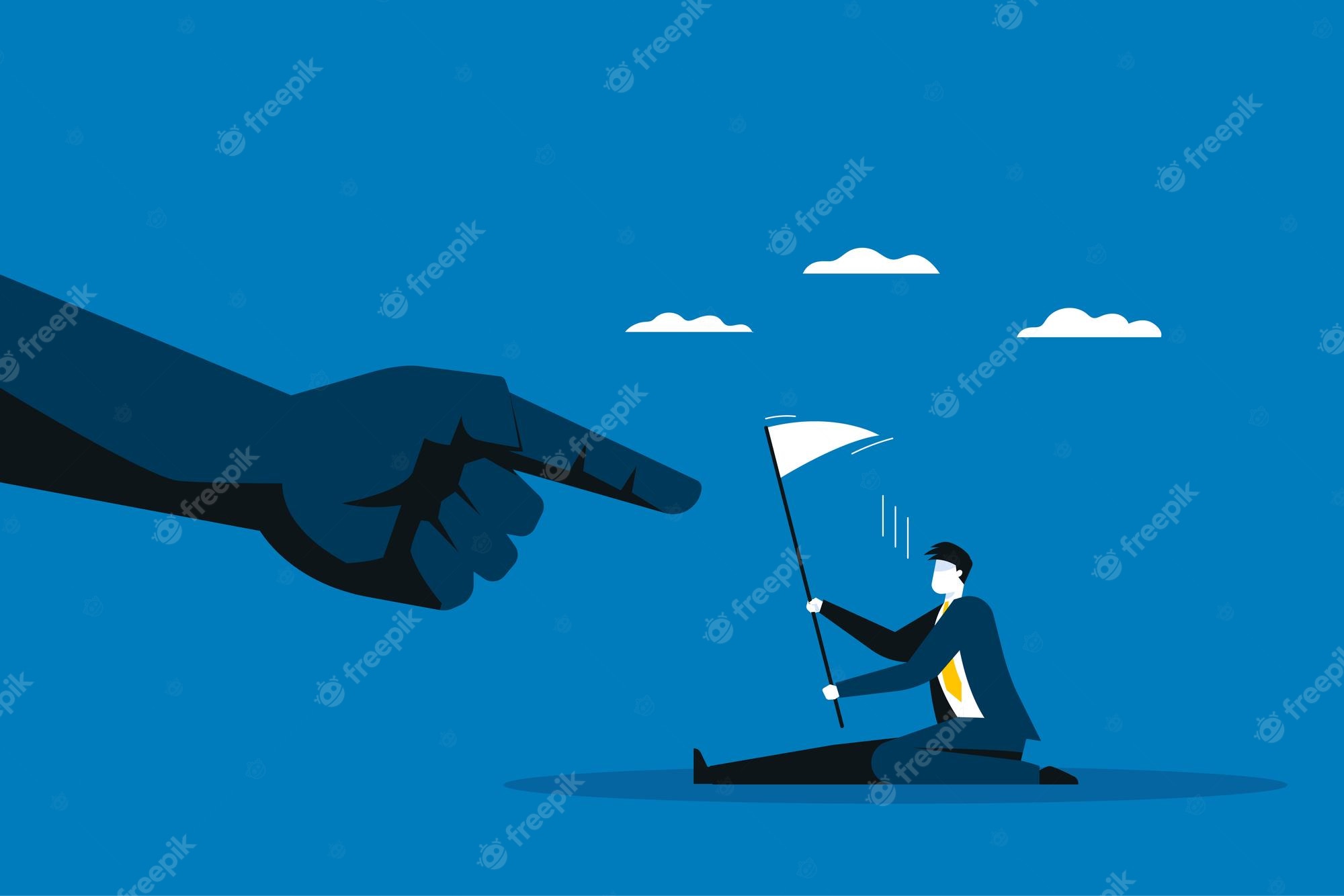 A businessman kneels holding a white surrender flag as a giant hand points at him against a blue sky.