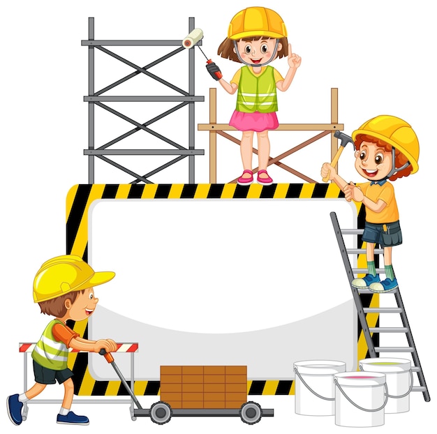 Three smiling children in construction helmets and vests working on a building site with scaffolding, ladder, and tools.