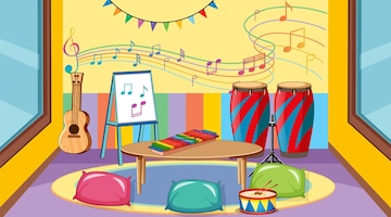 Colorful music classroom with guitar, drums, xylophone, and musical notes on walls.