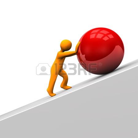 Orange figure pushing a large red glossy sphere uphill on a gray ramp.