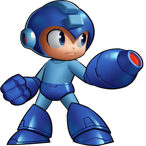 Mega Man in classic blue armor, aiming his buster arm with determined expression.