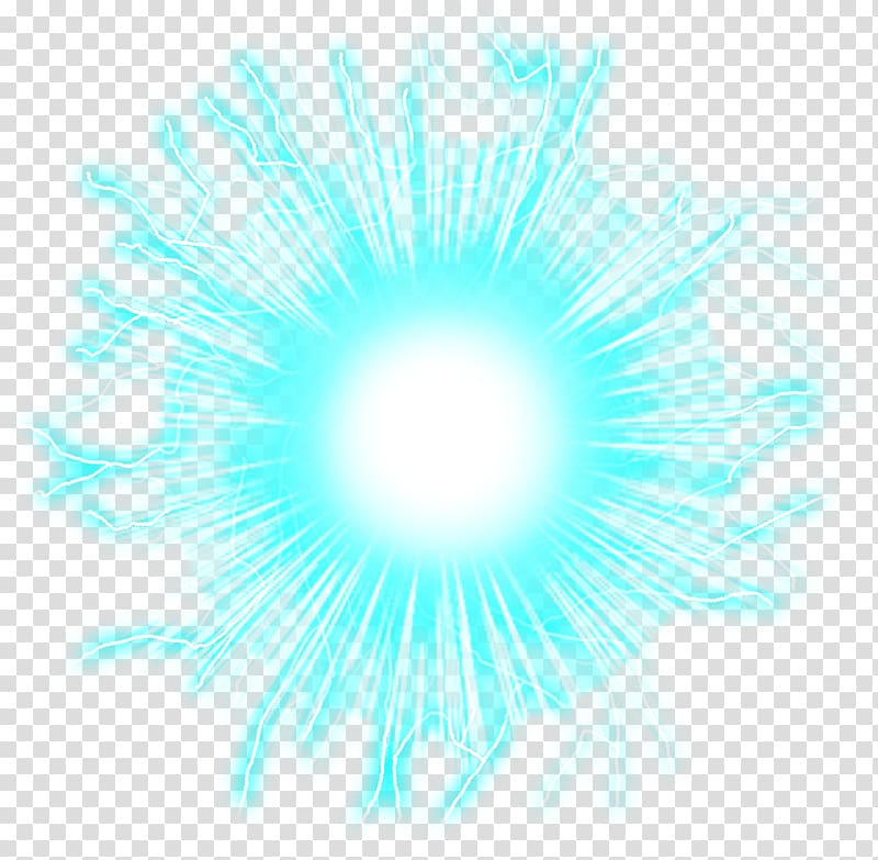 Bright cyan energy burst with electric tendrils radiating from a white core on transparent background.