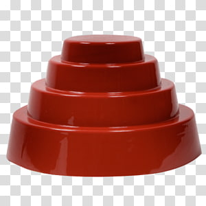 Glossy red tiered plastic object with four concentric circular levels, isolated on transparent background.