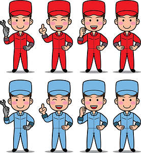 Eight cartoon mechanic characters in red and blue uniforms, each in a different pose with tools or gestures.