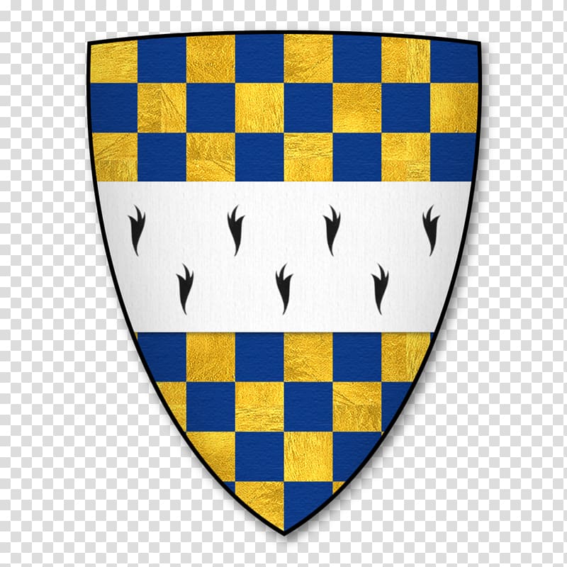 A heraldic shield with blue-and-gold checkerboard bands top and bottom, and a white central band bearing eight black martlets.